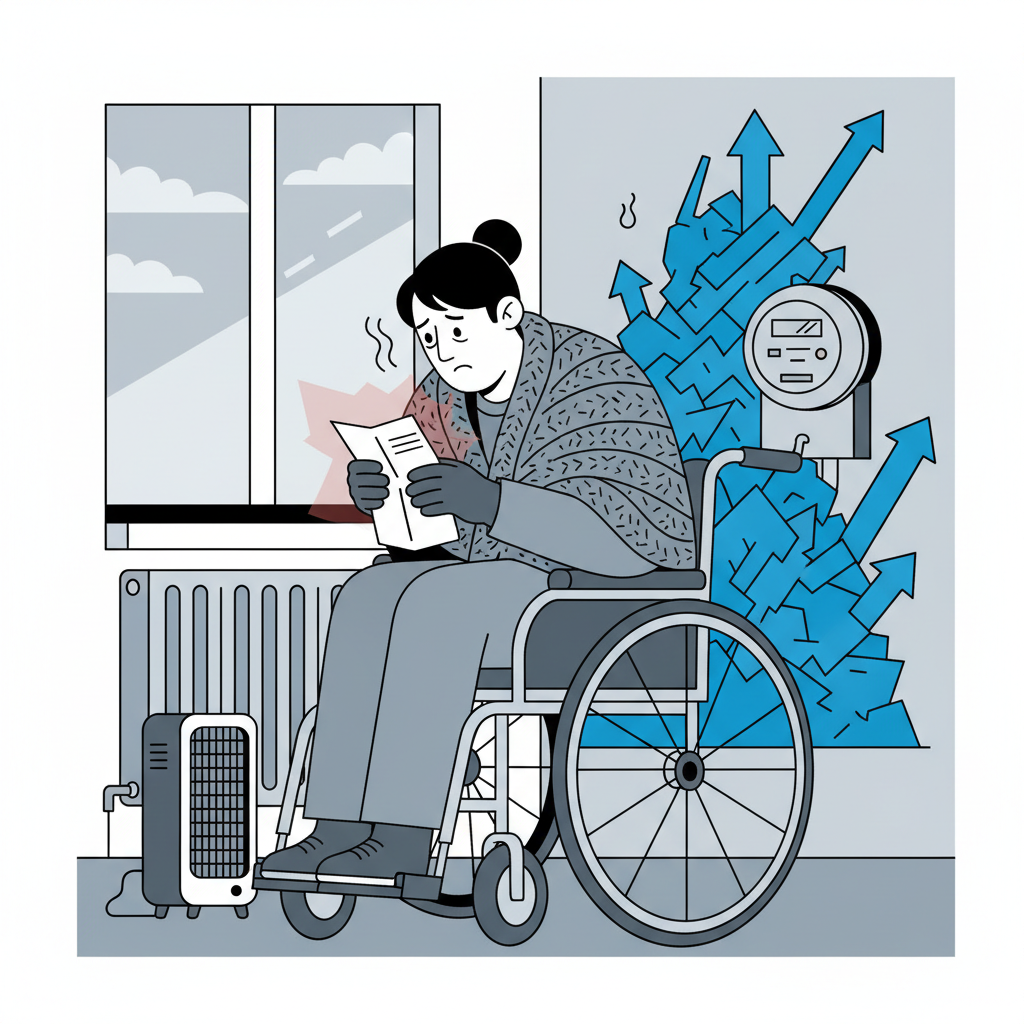 image of wheelchair user with heater and utility bill