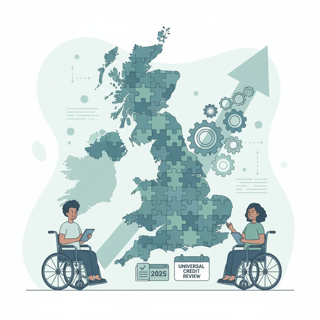 image with two wheelchair users and UK map