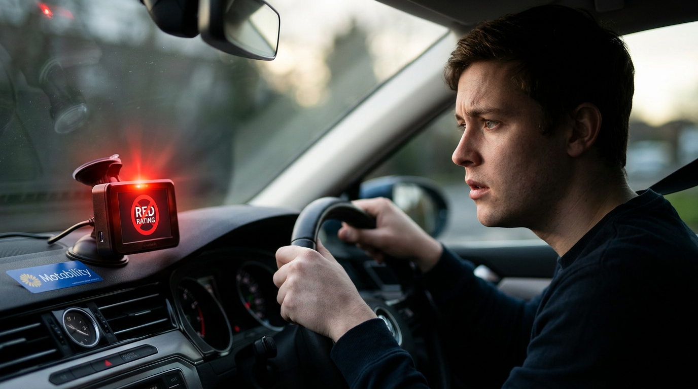 image of motability driver and red warning in black box